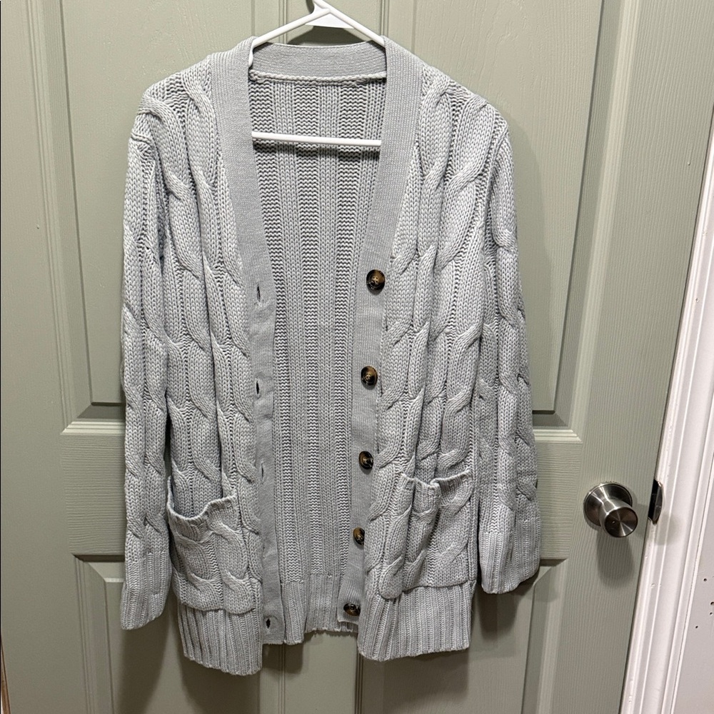Cozy Gray Cable Knit Cardigan Sweater